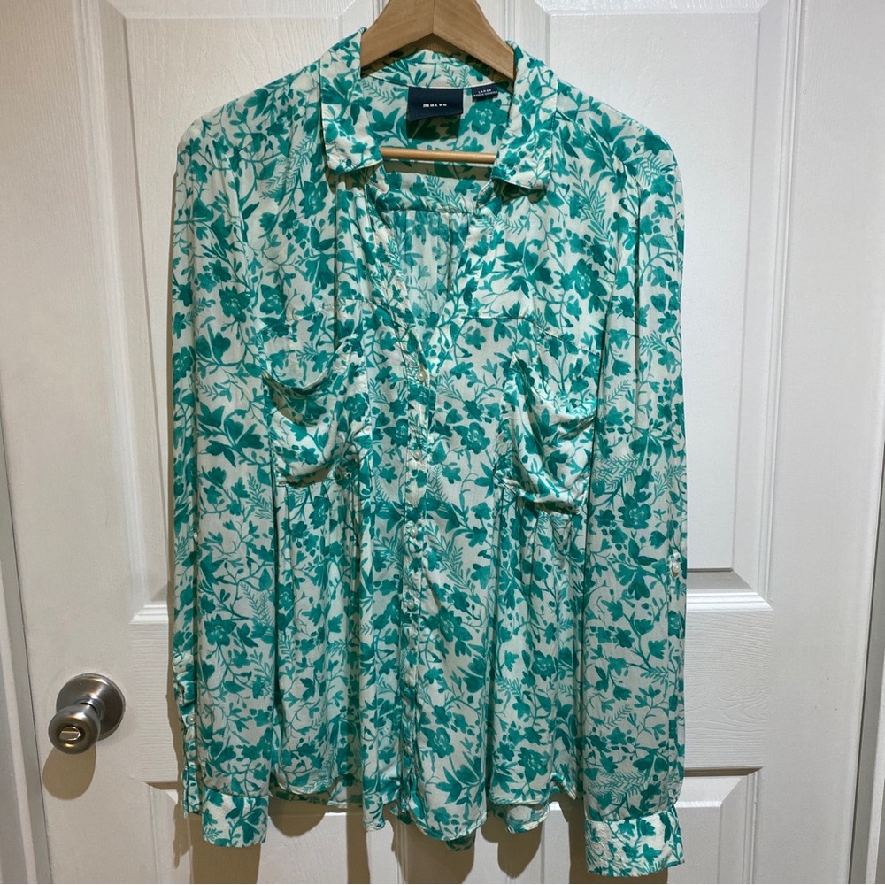 Maeve Anthropologie Green Islet Floral Top Button Roll Tab Sleeves Sz L